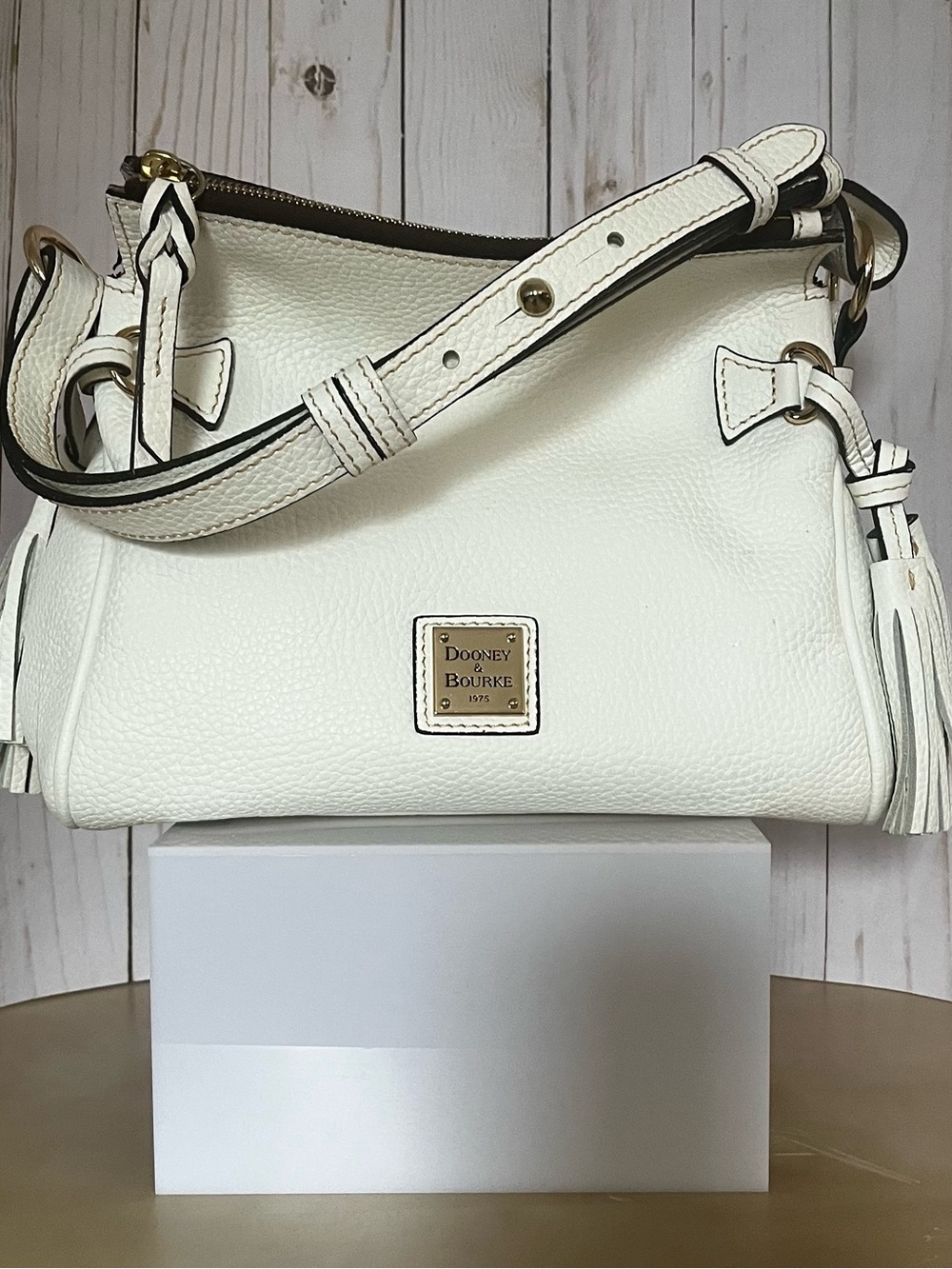 Dooney & Bourke White Pebbled Leather Shoulder Bag with Gold Hardware